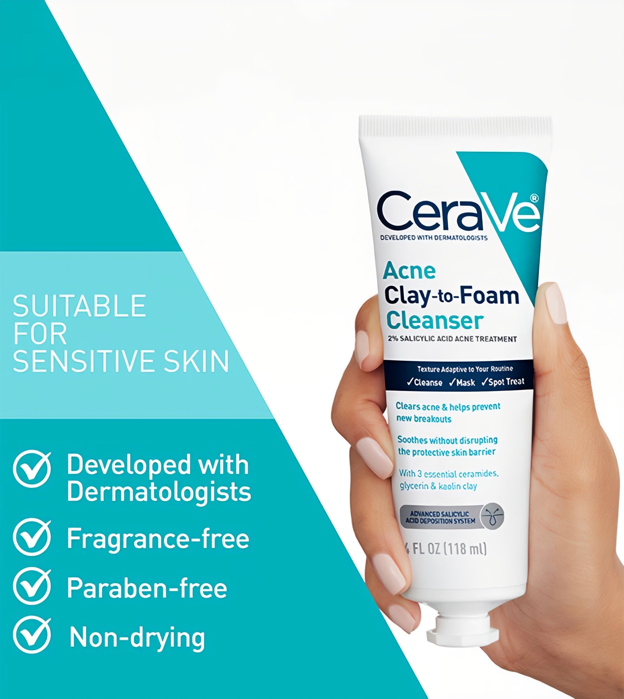 CeraVe Acne Clay-To-Foam Cleanser ,Mask and Spot Treat